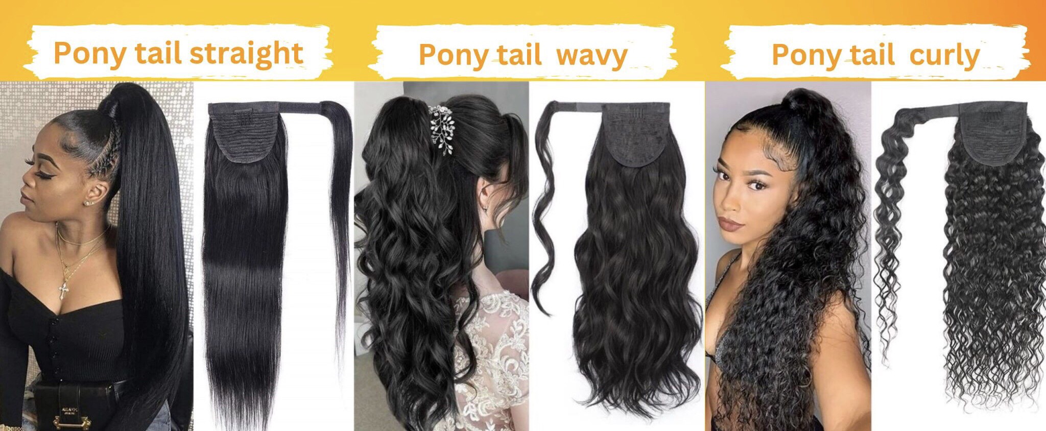 Pony tails human hair straight wavy and curly texures